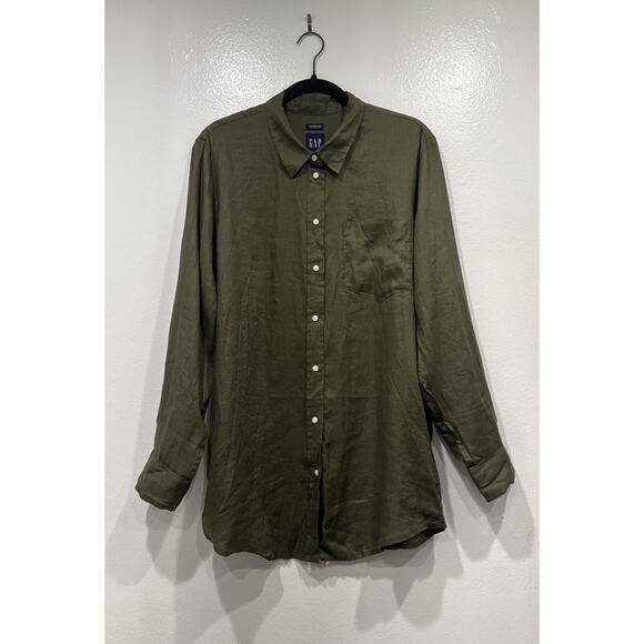 GAP Green Linen Boyfriend Shirt Women’s Size Large Button Front Long Sleeve Boho - Picture 1 of 7